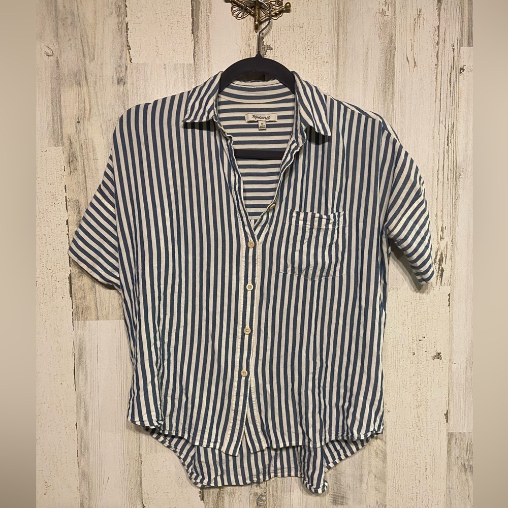Madewell Courier Pleat Back Blue White Striped Button Down Shirt XS